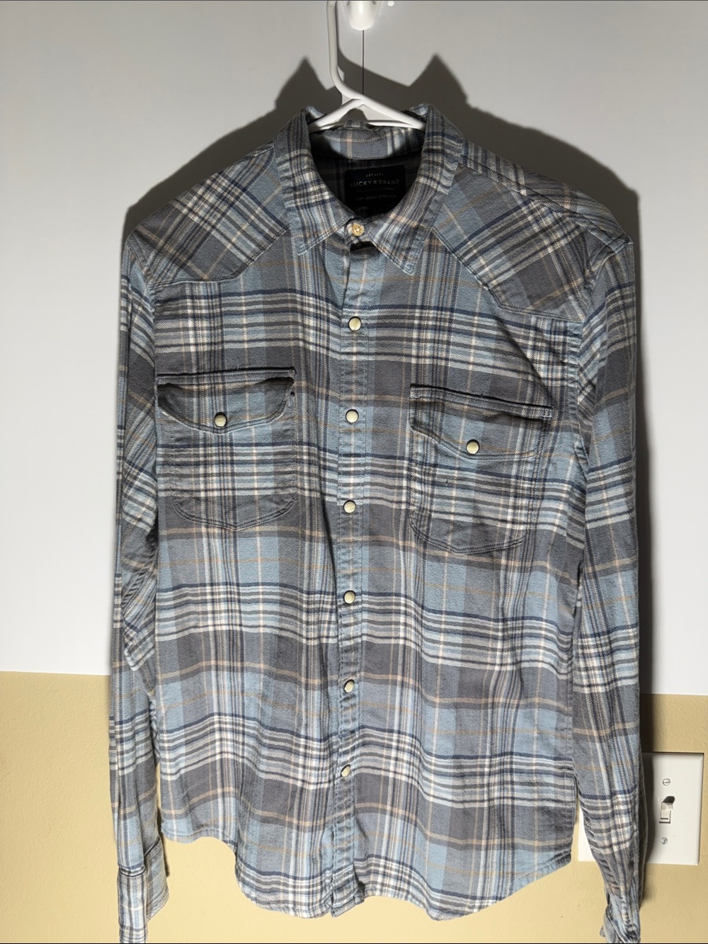 Lucky Brand Blue and Gray Plaid Western Snap Shirt